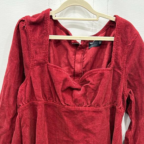 ASOS DESIGN Red Corduroy Babydoll Mini Dress Long Sleeve Empire Waist Size‎ 14 - Picture 3 of 9